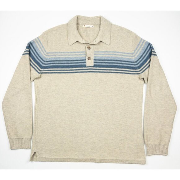 Marine Layer Striped Sweater Men's Medium Beige Blue Merino Wool Blend Collared - Picture 2 of 14